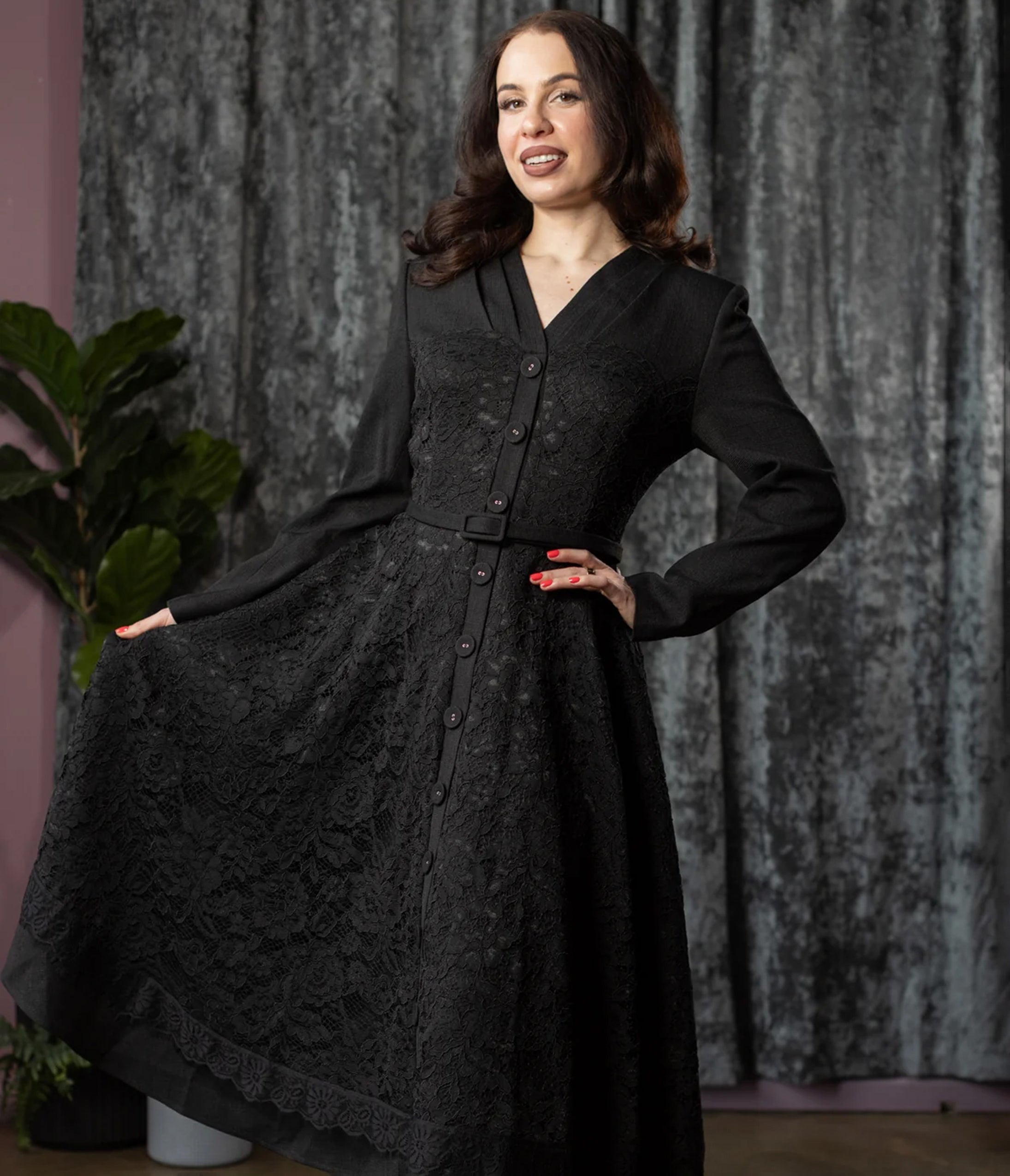 Witchwood Bags Black Lace Long Sleeve June Midi Dress
