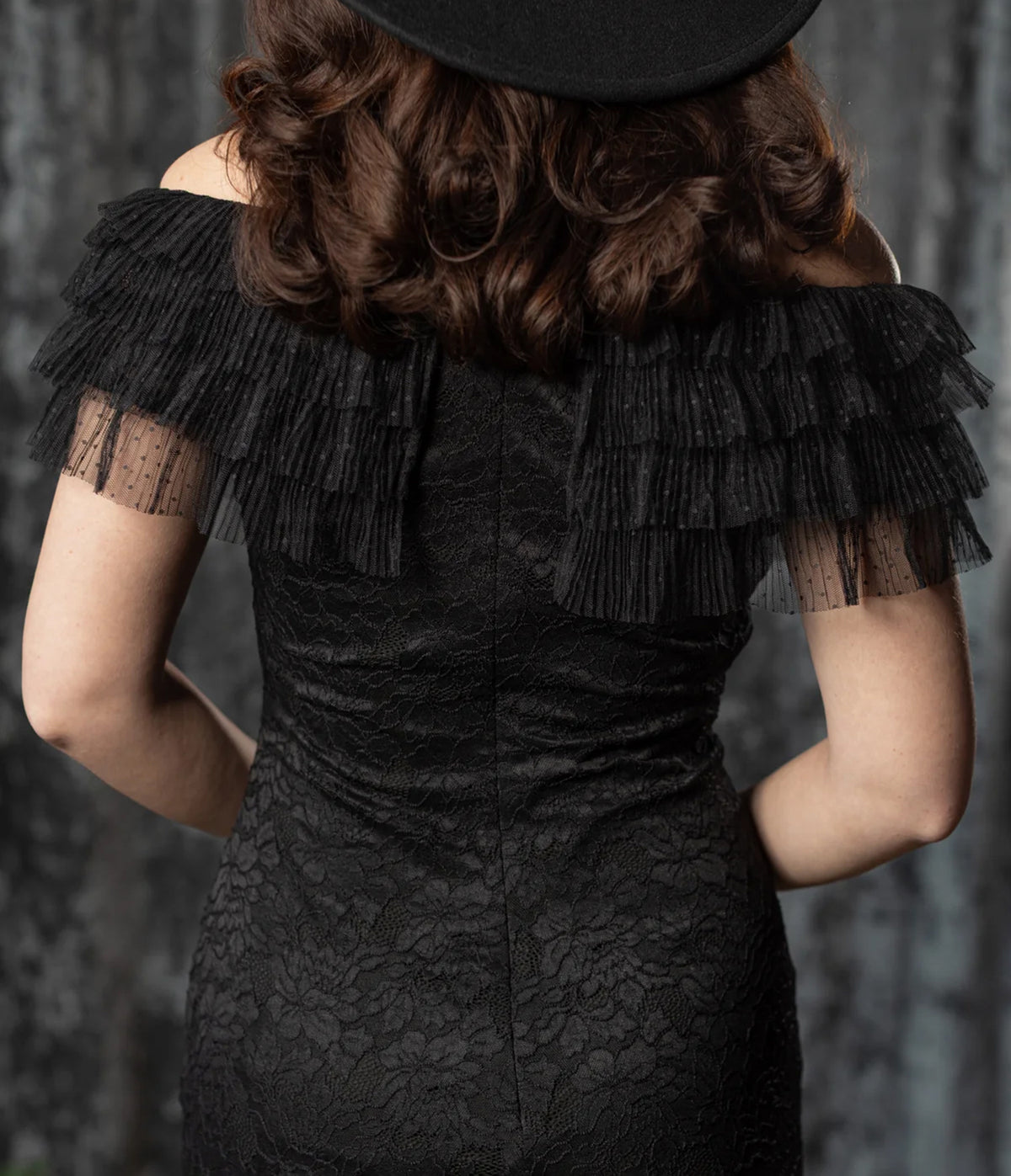 Witchwood Bags Black Lace Ruffle Off-Shoulder Wilhelmina Dress