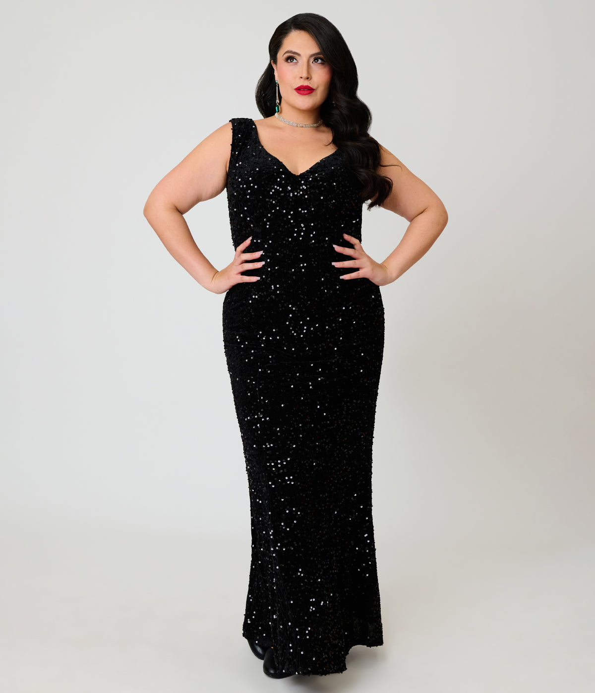 Unique Vintage Plus Size Black Sequin Goldwyn Gown