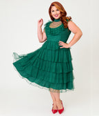 Unique Vintage Plus Size Green Swiss Dot Tiered Lydia Swing Dress