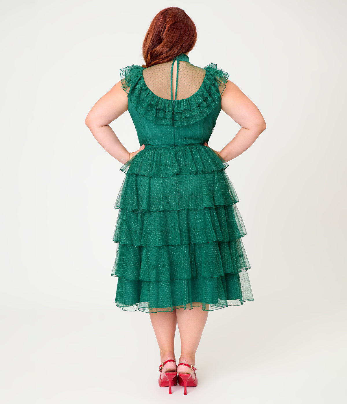 Unique Vintage Plus Size Green Swiss Dot Tiered Lydia Swing Dress