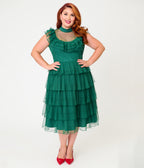 Unique Vintage Plus Size Green Swiss Dot Tiered Lydia Swing Dress