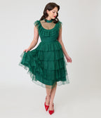 Unique Vintage Green Swiss Dot Tiered Lydia Swing Dress