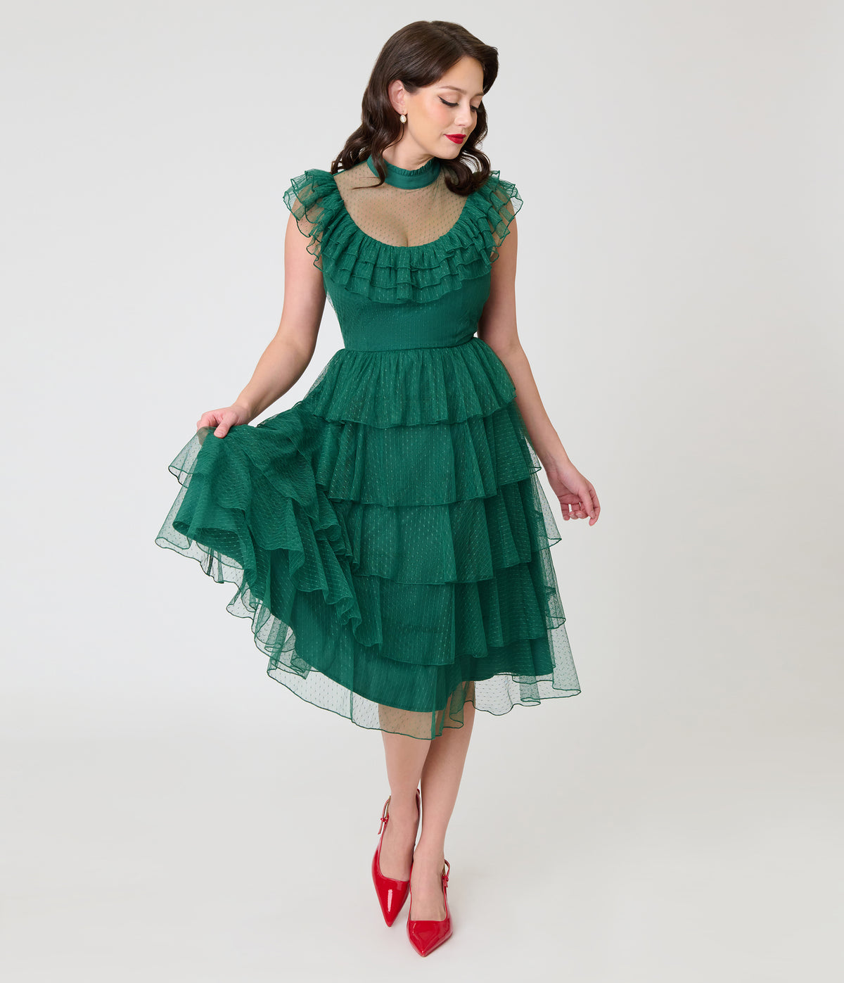 Unique Vintage Green Swiss Dot Tiered Lydia Swing Dress