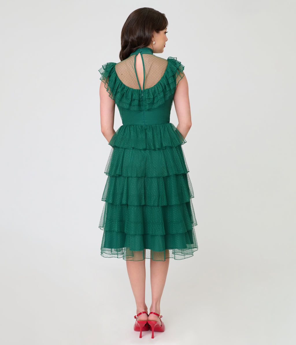 Unique Vintage Green Swiss Dot Tiered Lydia Swing Dress