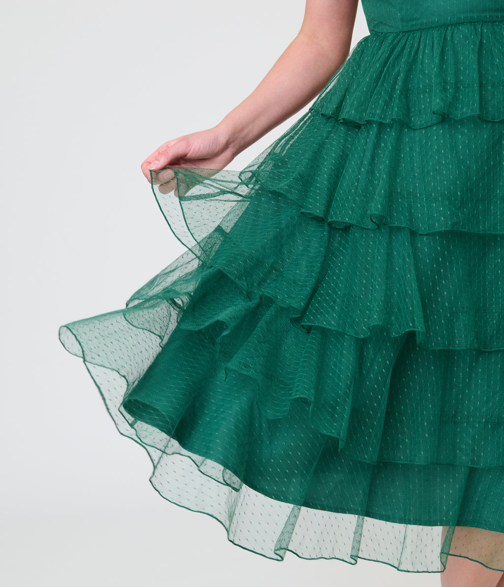 Unique Vintage Green Swiss Dot Tiered Lydia Swing Dress