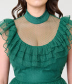 Unique Vintage Green Swiss Dot Tiered Lydia Swing Dress