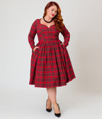 Unique Vintage Plus Size 1950s Red Plaid Sweetheart Sharon Swing Dress
