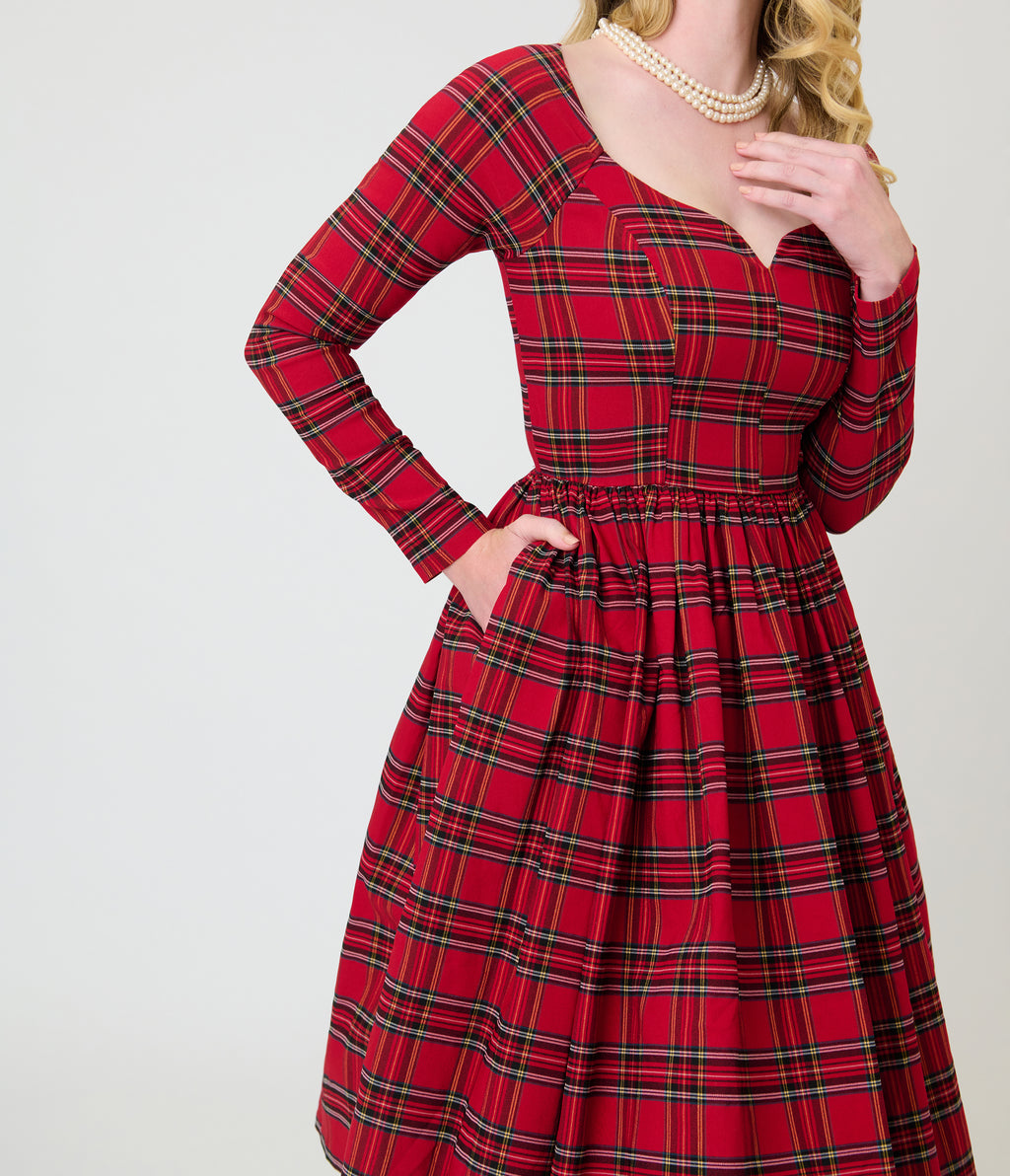 Unique Vintage 1950s Red Plaid Sweetheart Sharon Swing Dress