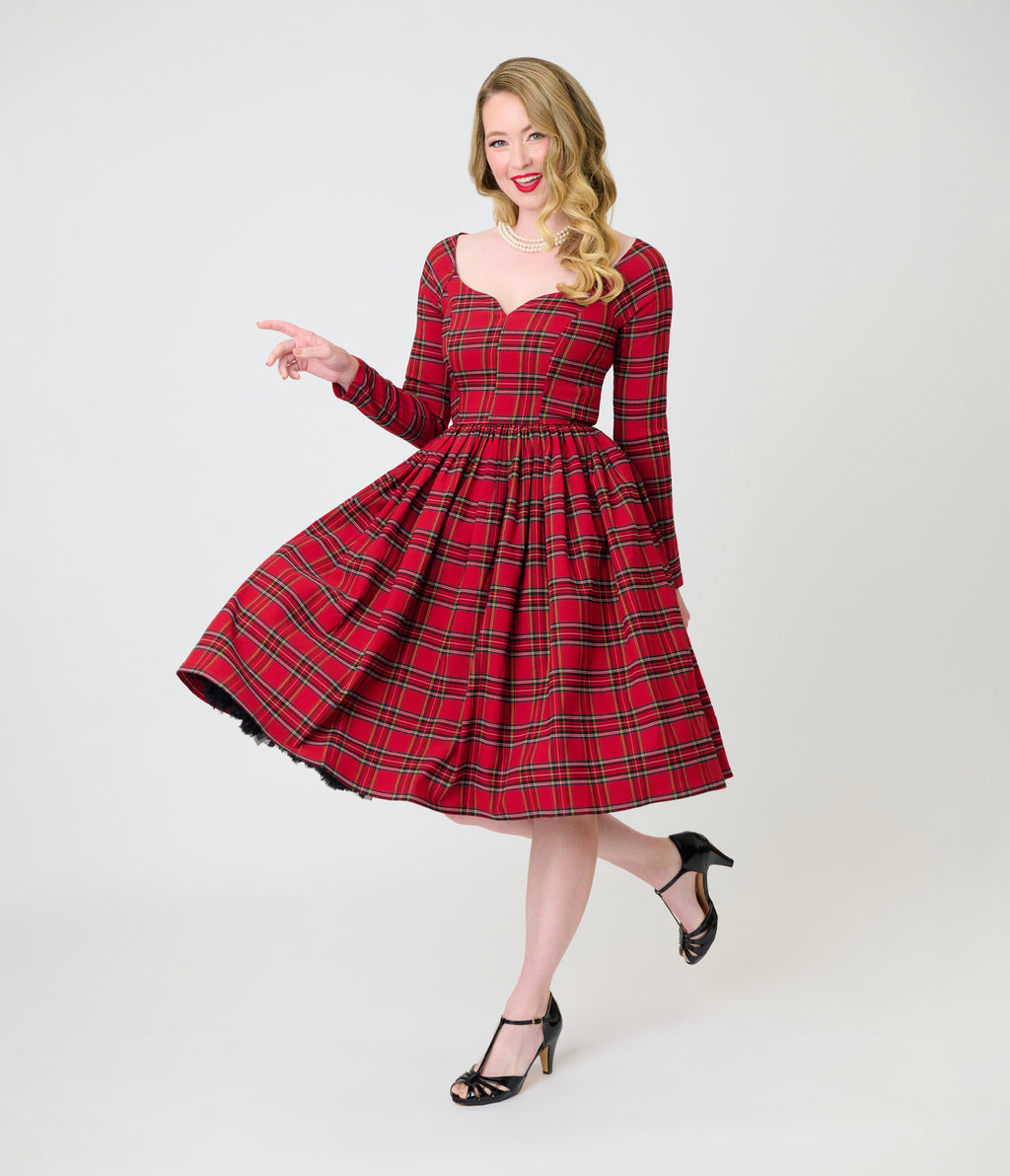 Unique Vintage 1950s Red Plaid Sweetheart Sharon Swing Dress