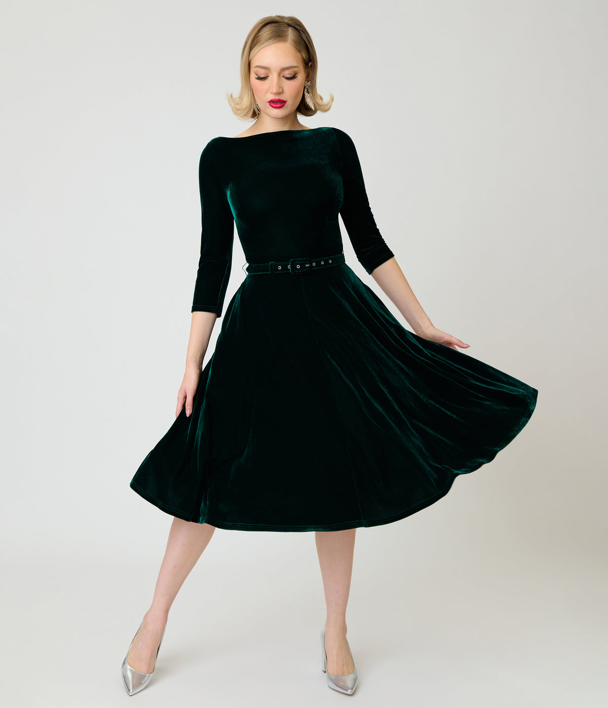 Unique Vintage Emerald Velvet Devon Swing Dress