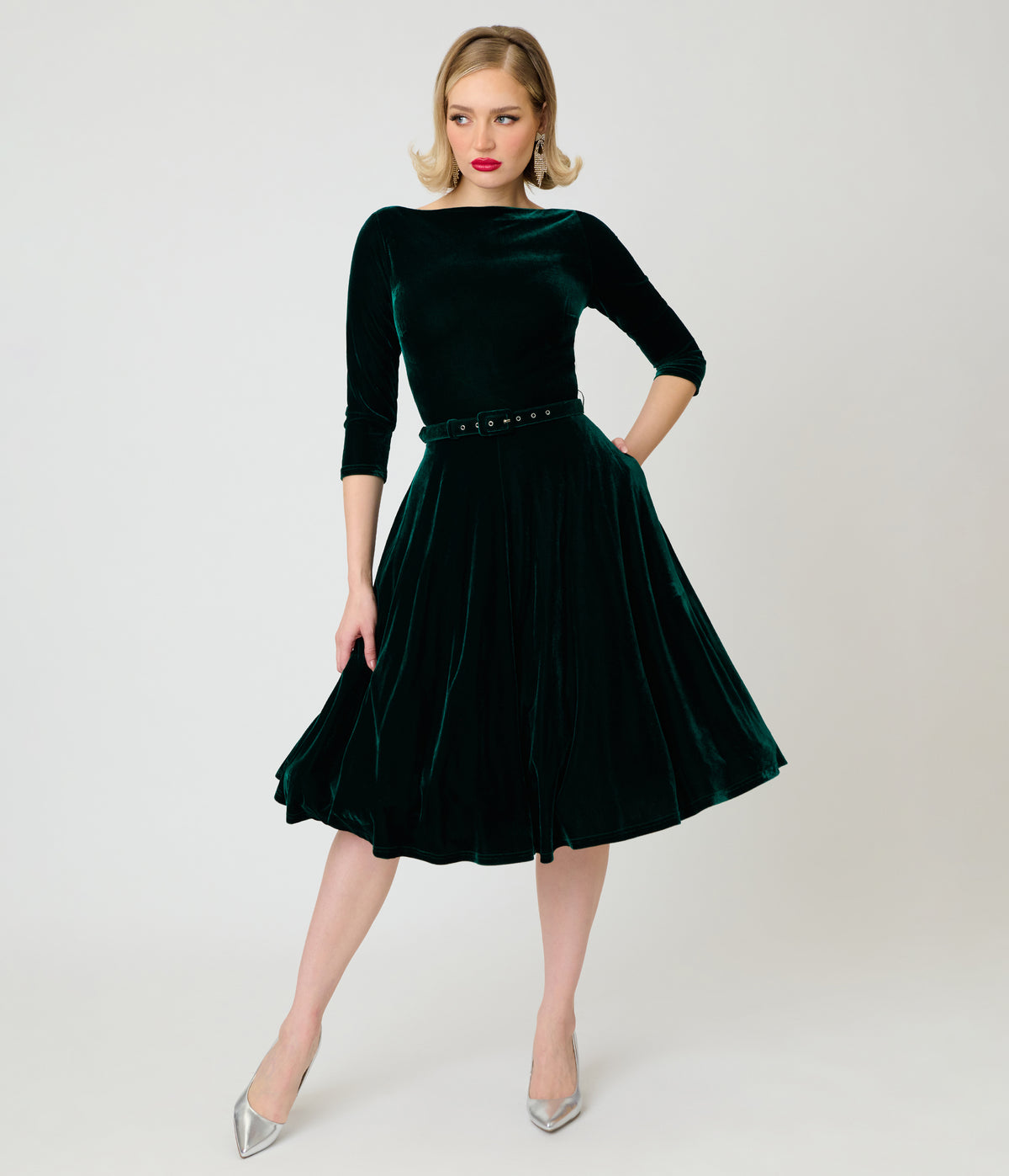 Unique Vintage Emerald Velvet Devon Swing Dress