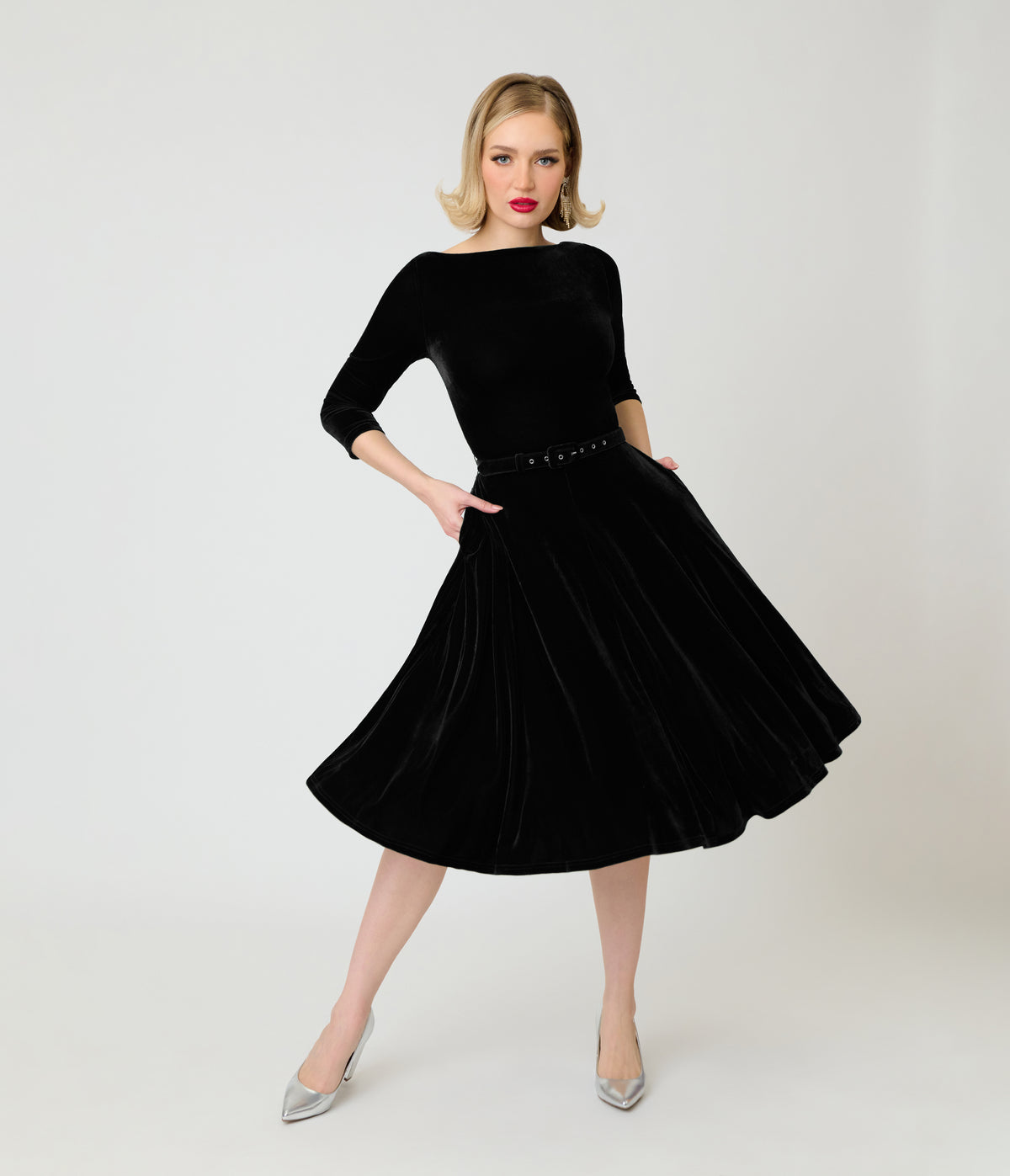 Unique Vintage Black Velvet Devon Swing Dress