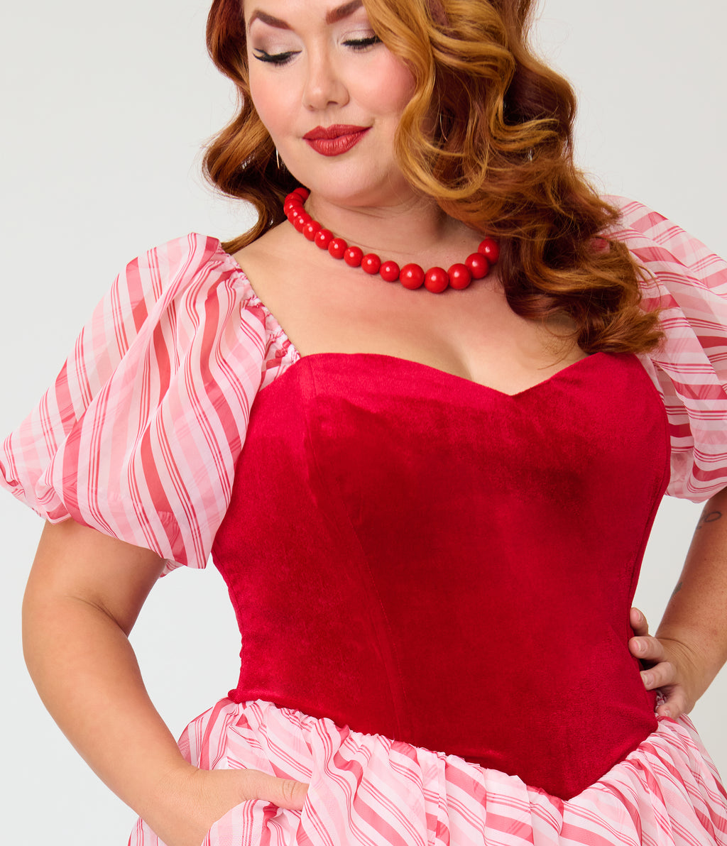 Unique Vintage Plus Size Red & White Stripe Loving You Swing Dress
