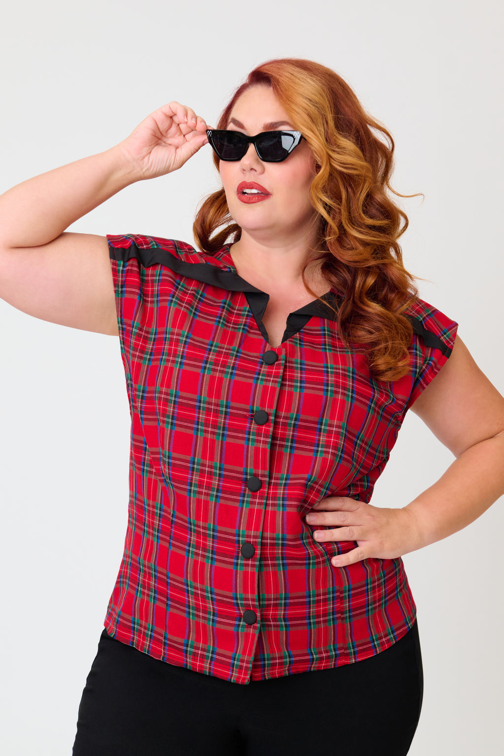 Unique Vintage Plus Size Red Plaid Hedda Top