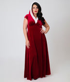Unique Vintage Plus Size Red Velvet & Faux Fur Hooded Maxi Dress
