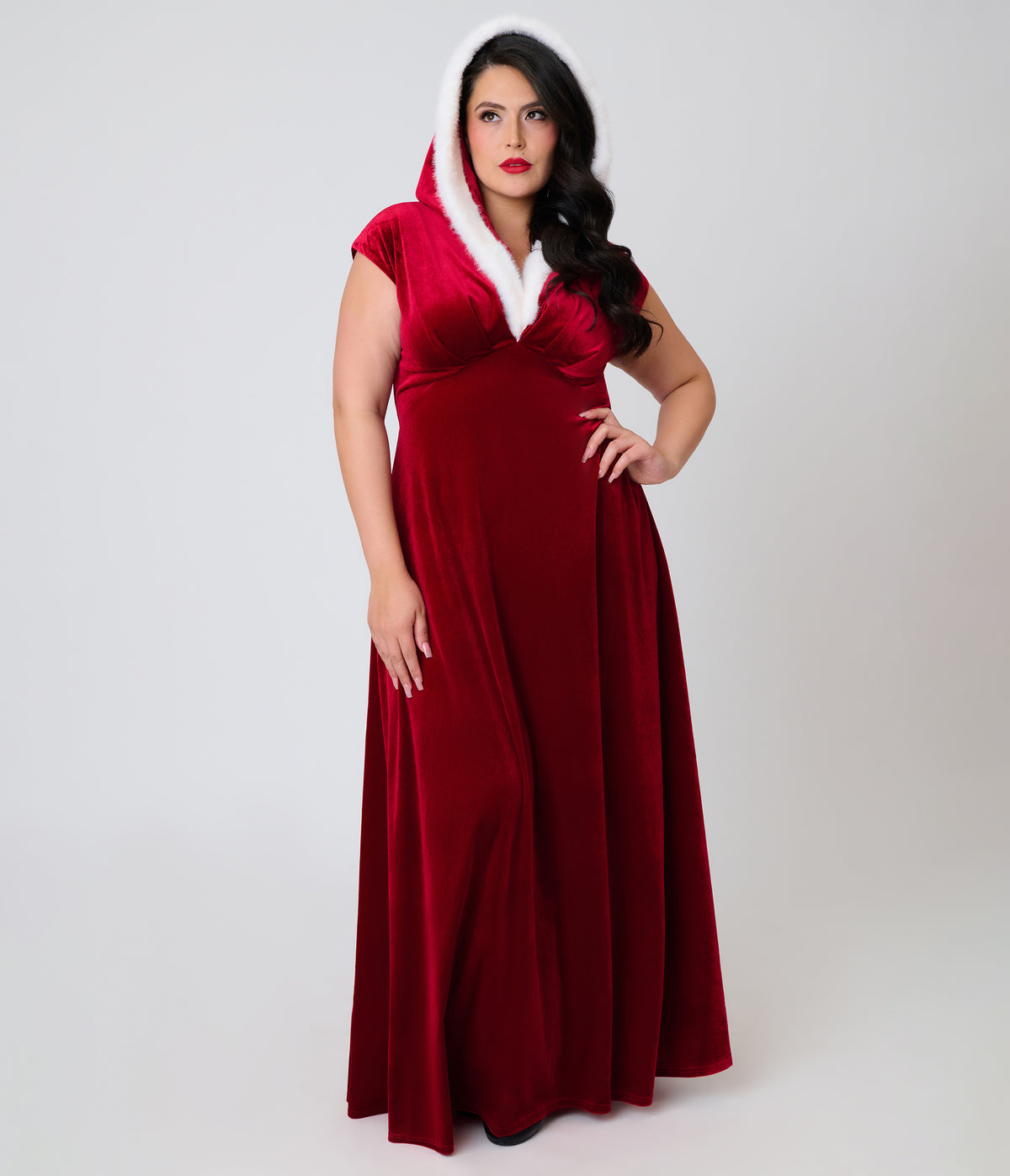 Unique Vintage Plus Size Red Velvet & Faux Fur Hooded Maxi Dress