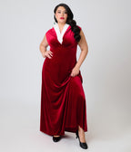 Unique Vintage Plus Size Red Velvet & Faux Fur Hooded Maxi Dress