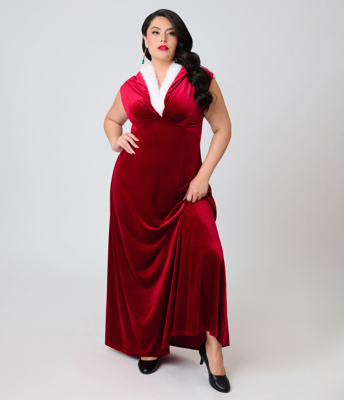 Unique Vintage Plus Size Red Velvet & Faux Fur Hooded Maxi Dress