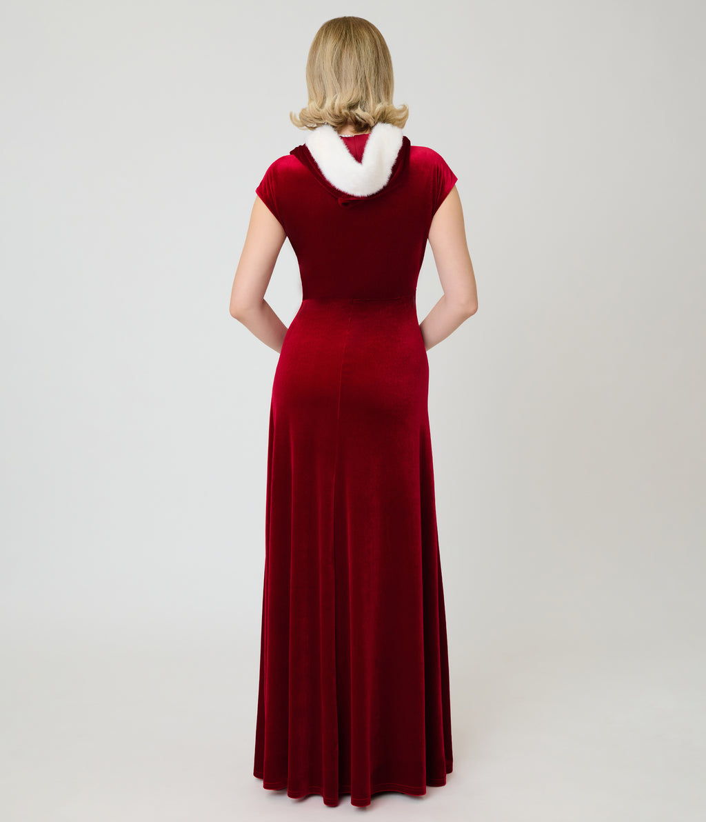 Unique Vintage Red Velvet & Faux Fur Hooded Maxi Dress