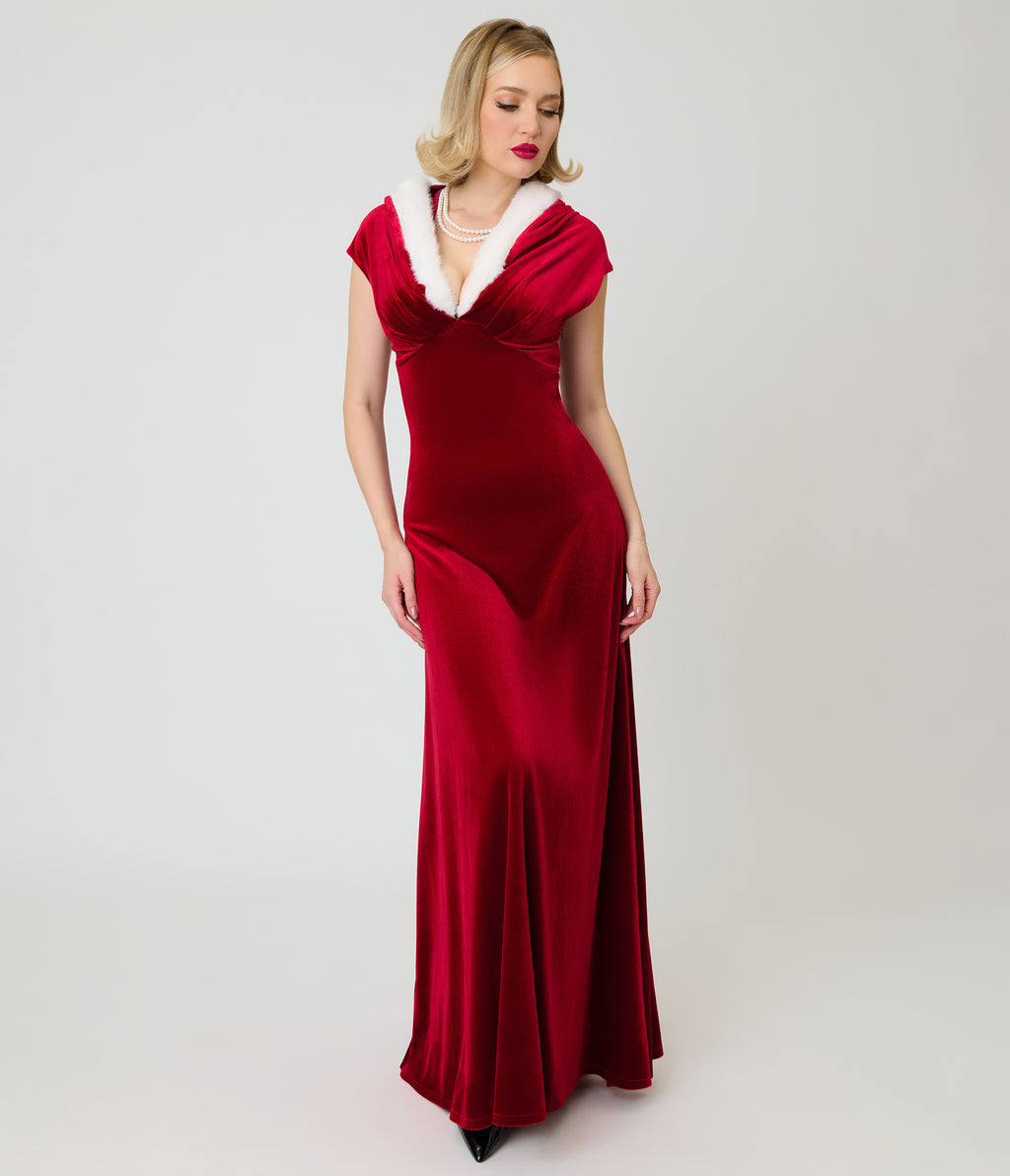 Unique Vintage Red Velvet & Faux Fur Hooded Maxi Dress
