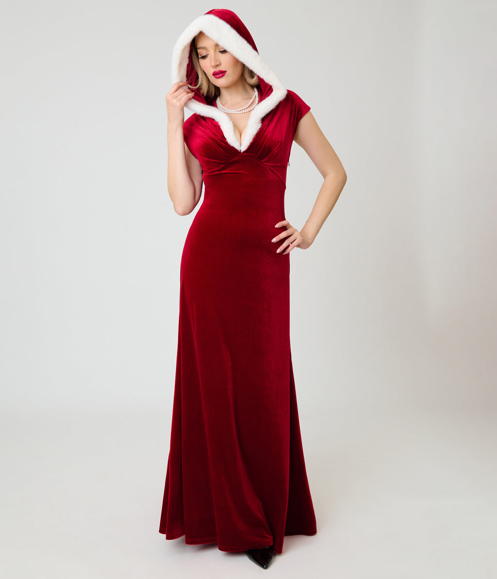 Unique Vintage Red Velvet & Faux Fur Hooded Maxi Dress