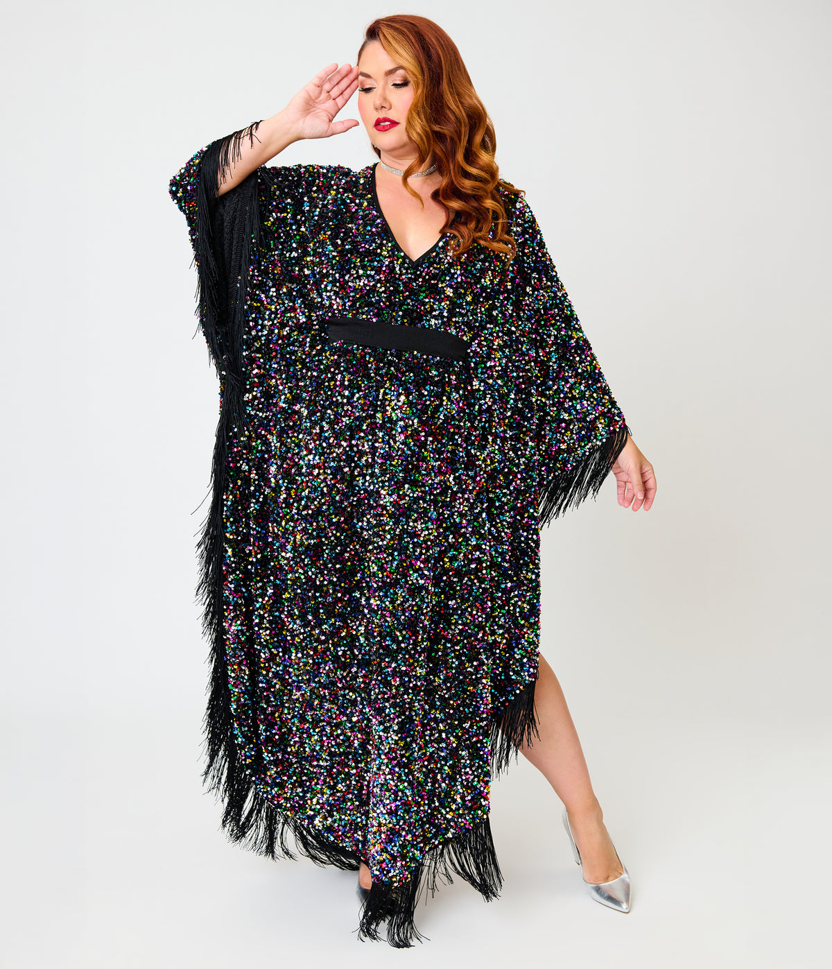 Smak Parlour Plus Size Black & Rainbow Sequin Fringe Angela Caftan Dress