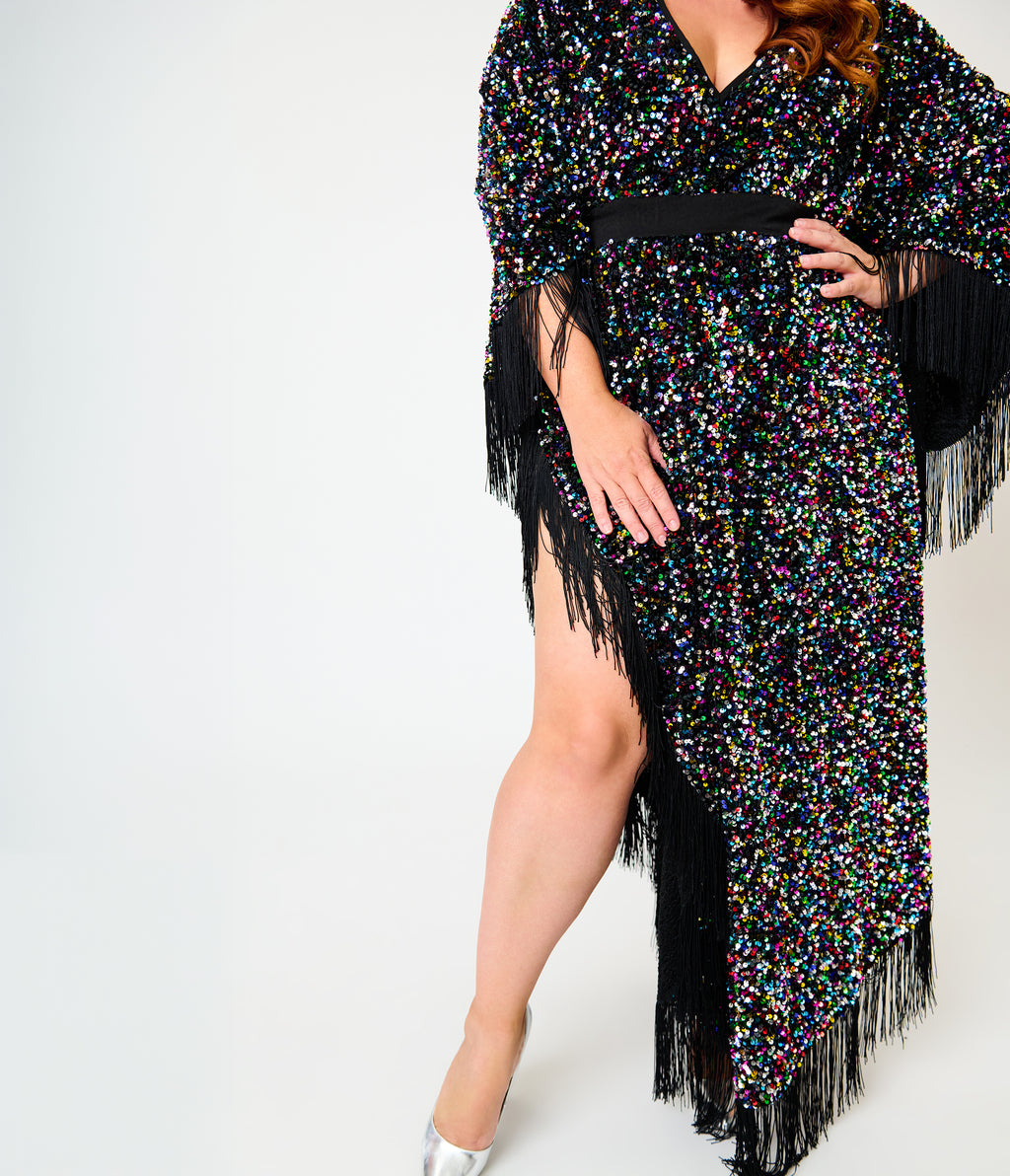 Smak Parlour Plus Size Black & Rainbow Sequin Fringe Angela Caftan Dress