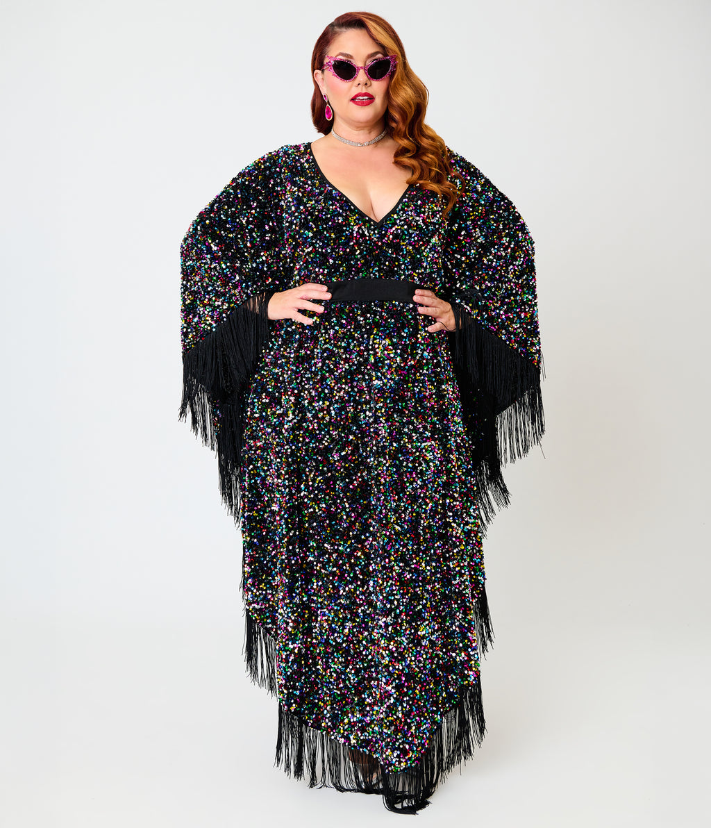 Smak Parlour Plus Size Black & Rainbow Sequin Fringe Angela Caftan Dress