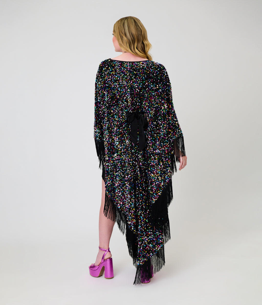 Smak Parlour Black & Rainbow Sequin Fringe Angela Caftan Dress