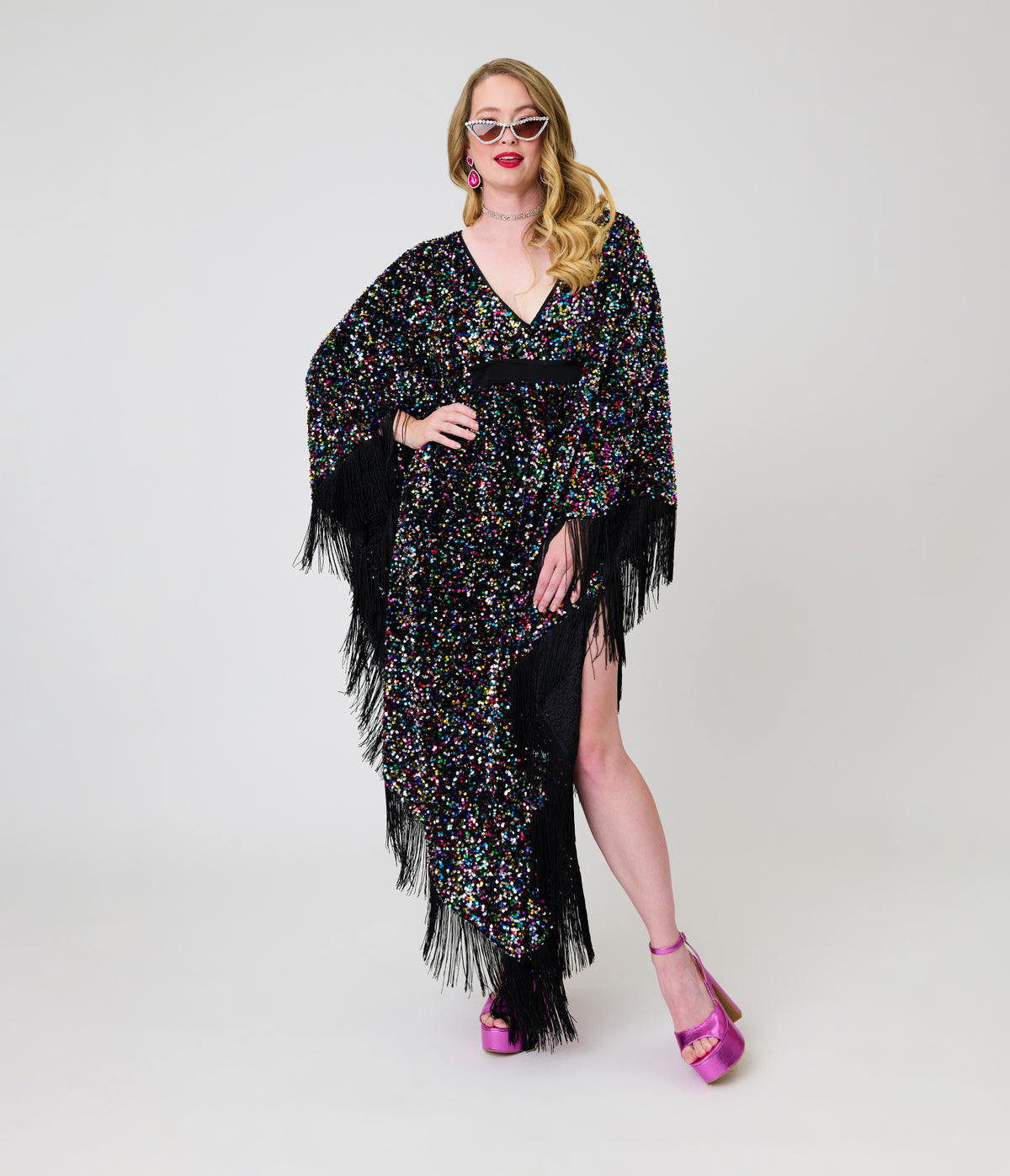 Smak Parlour Black & Rainbow Sequin Fringe Angela Caftan Dress