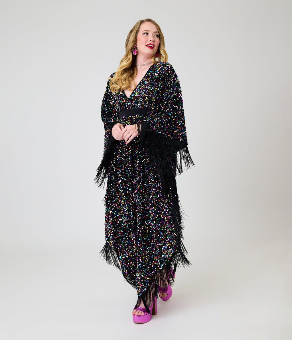 Smak Parlour Black & Rainbow Sequin Fringe Angela Caftan Dress