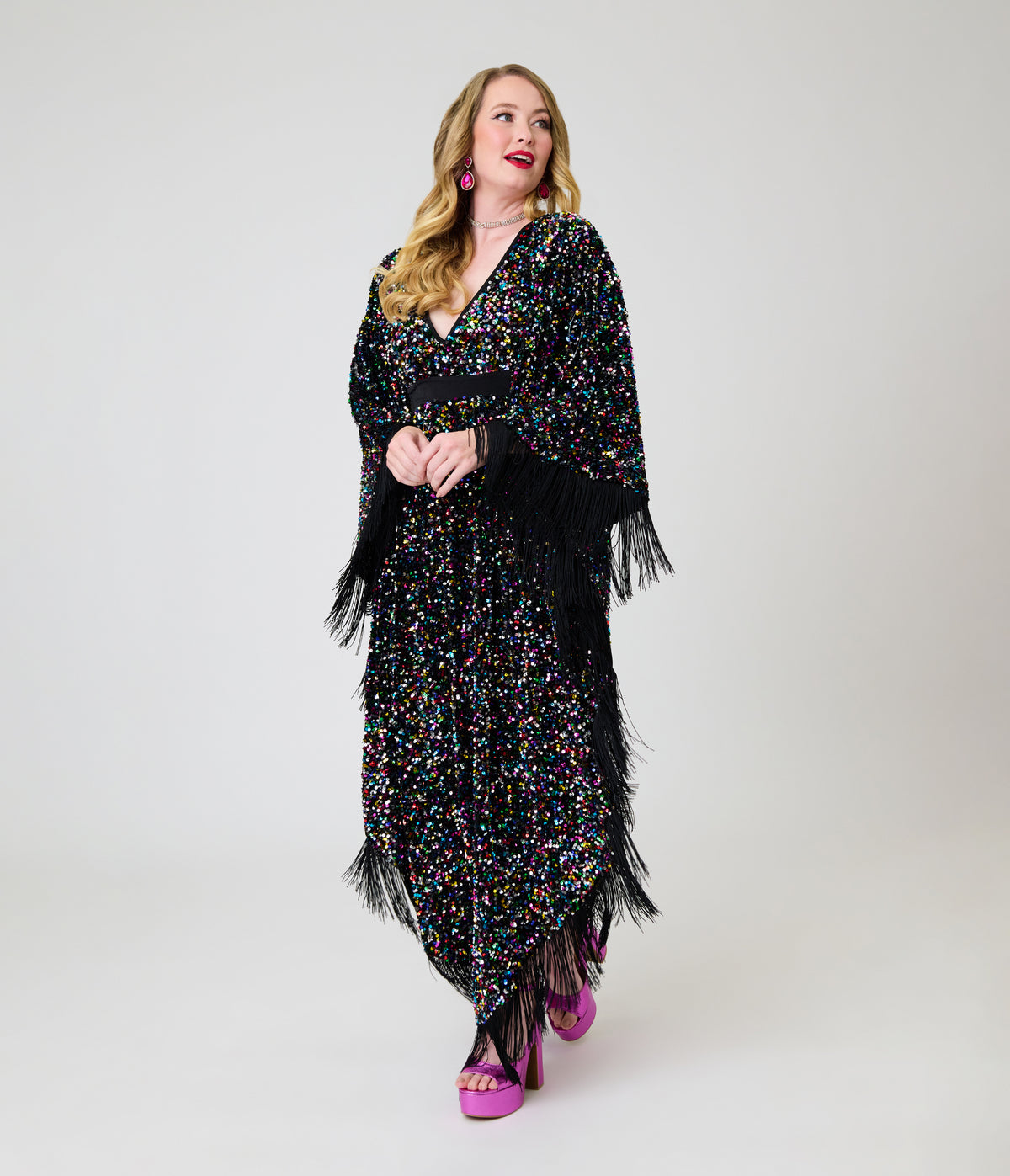 Smak Parlour Black & Rainbow Sequin Fringe Angela Caftan Dress