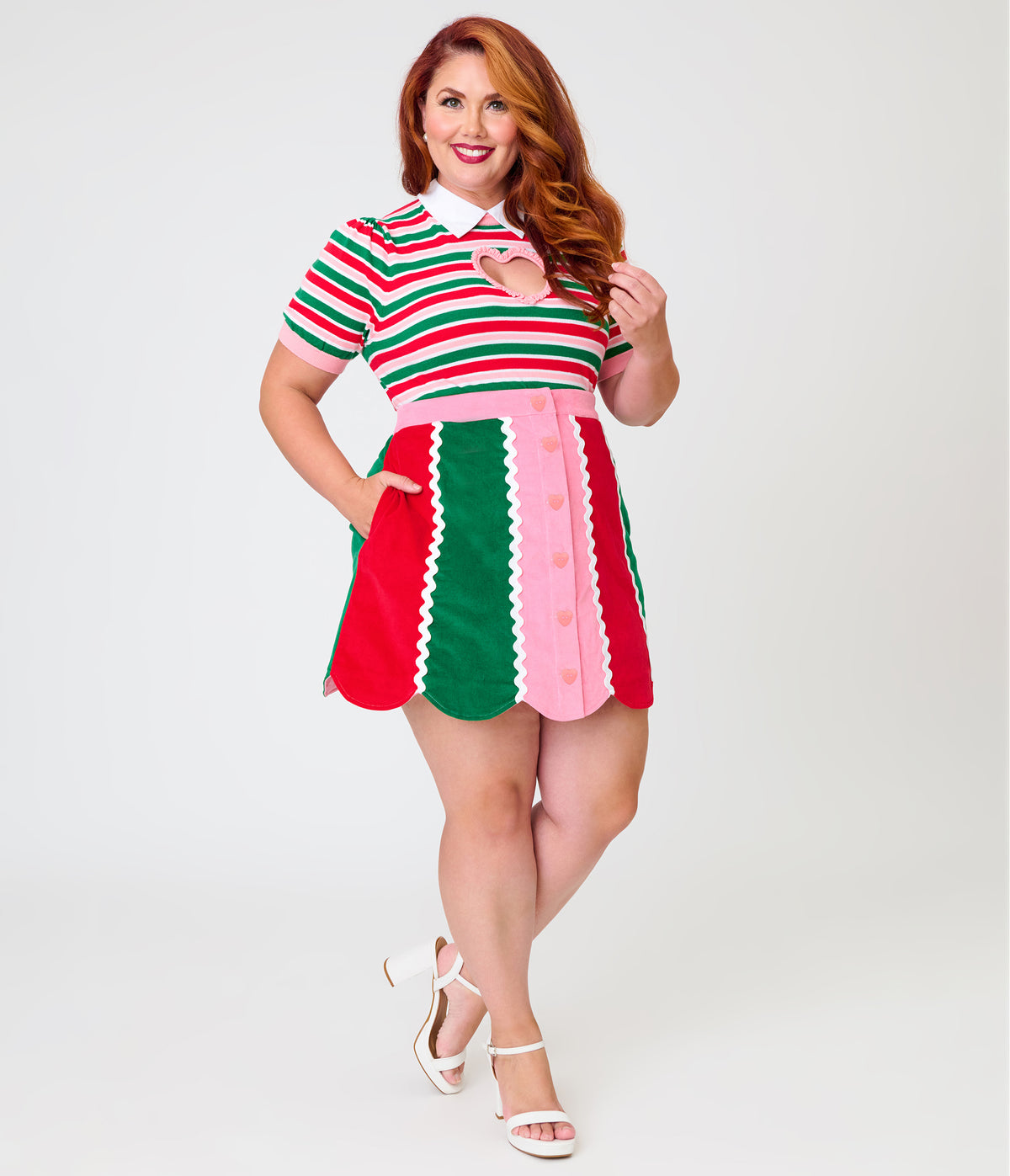 Smak Parlour Plus Size Candy Cane Christmas Stripe Campus Mini Skirt