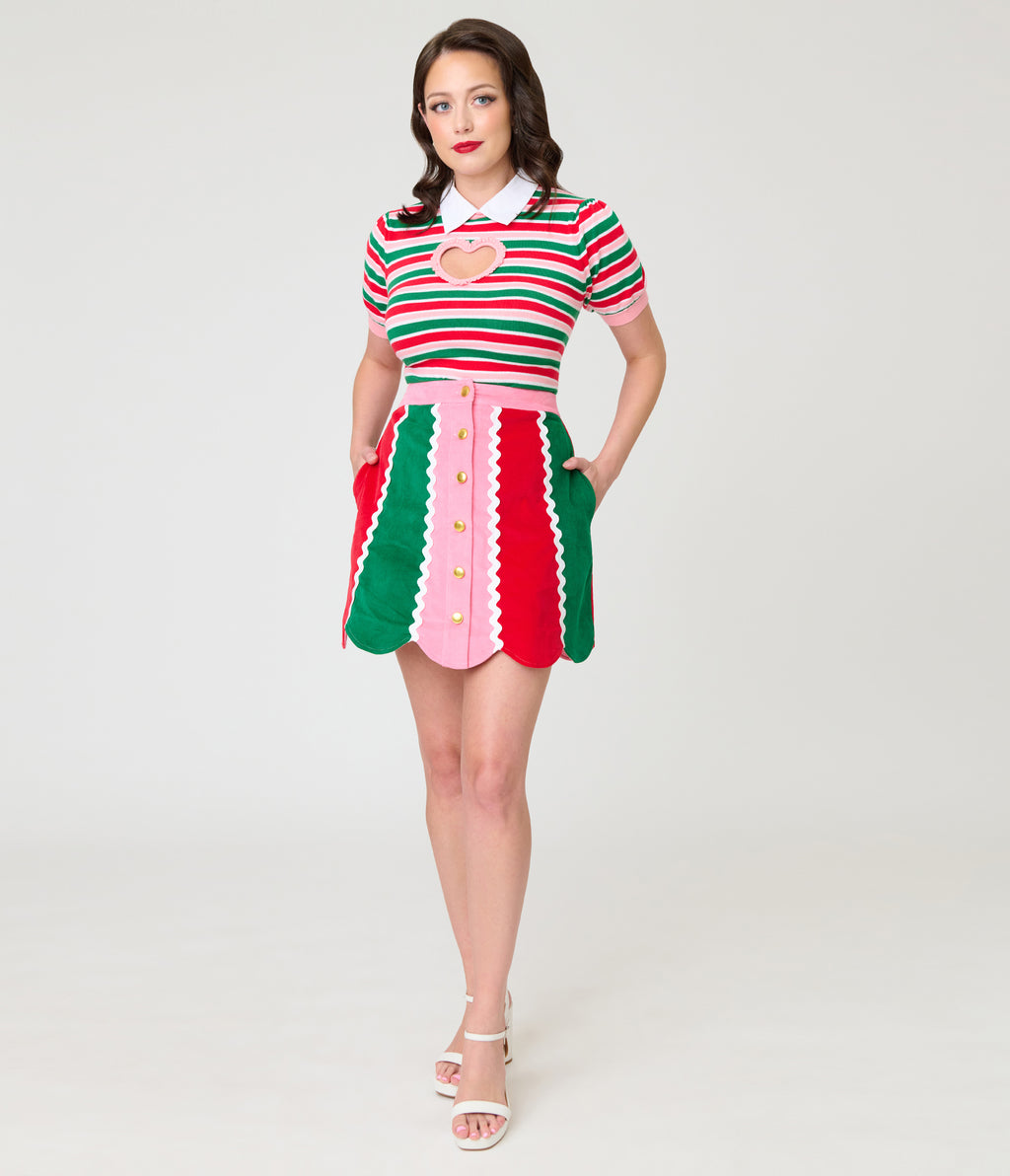 Smak Parlour Candy Cane Christmas Stripe Campus Mini Skirt