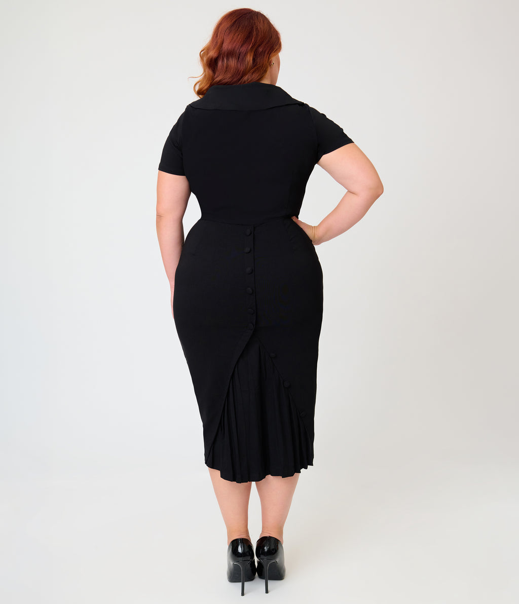 Unique Vintage Plus Size Black Pleated Patricia Pencil Dress