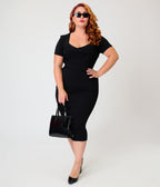 Unique Vintage Plus Size Black Pleated Patricia Pencil Dress