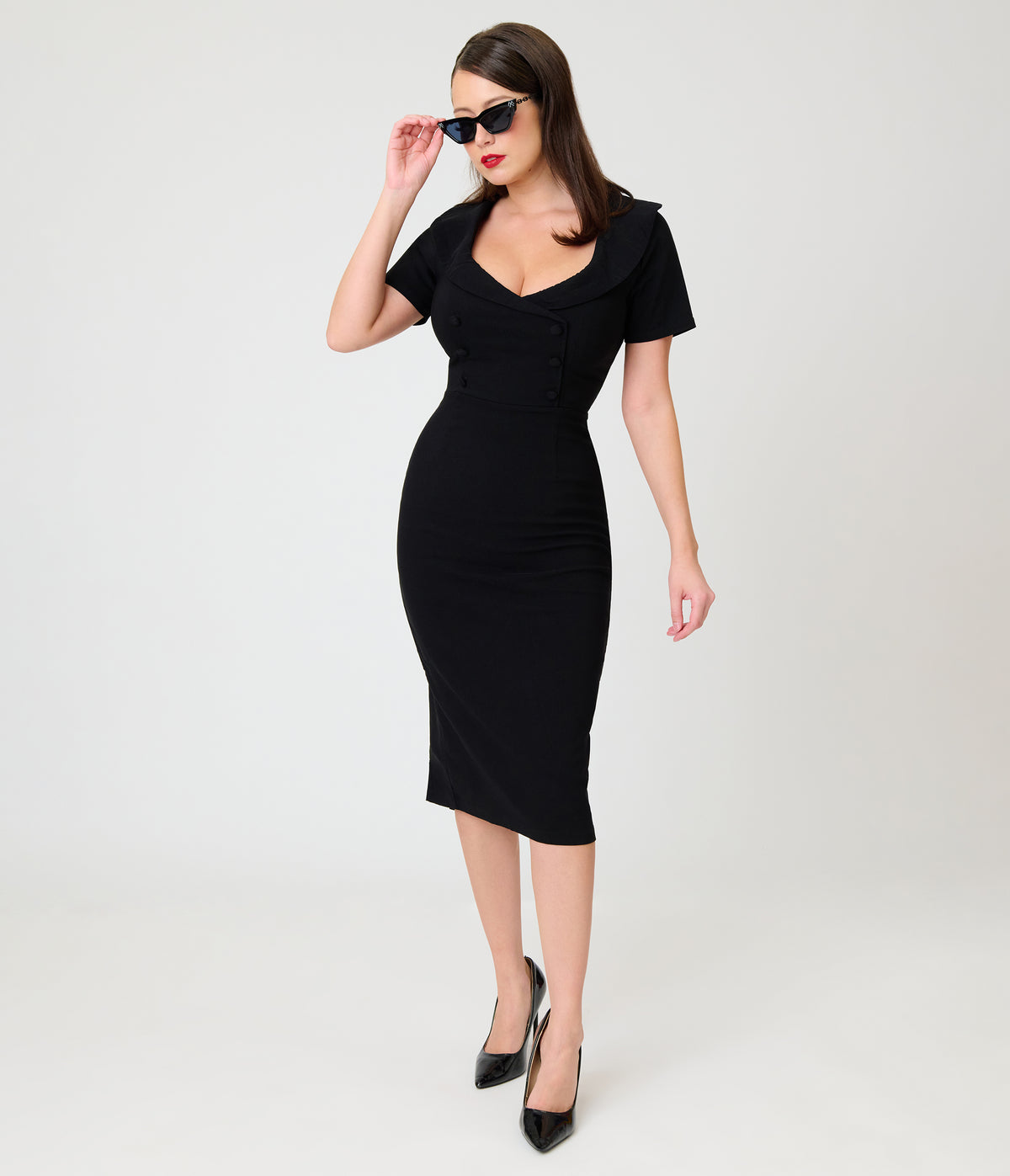 Unique Vintage Black Pleated Patricia Pencil Dress