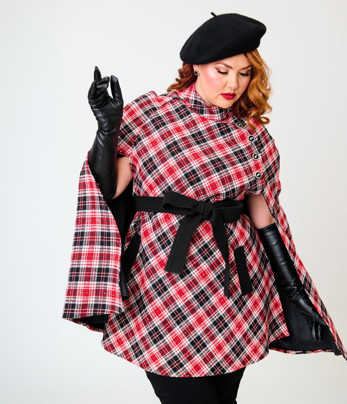 Smak Parlour Plus Size Red & Black Bias Plaid Savile Row Cape Coat