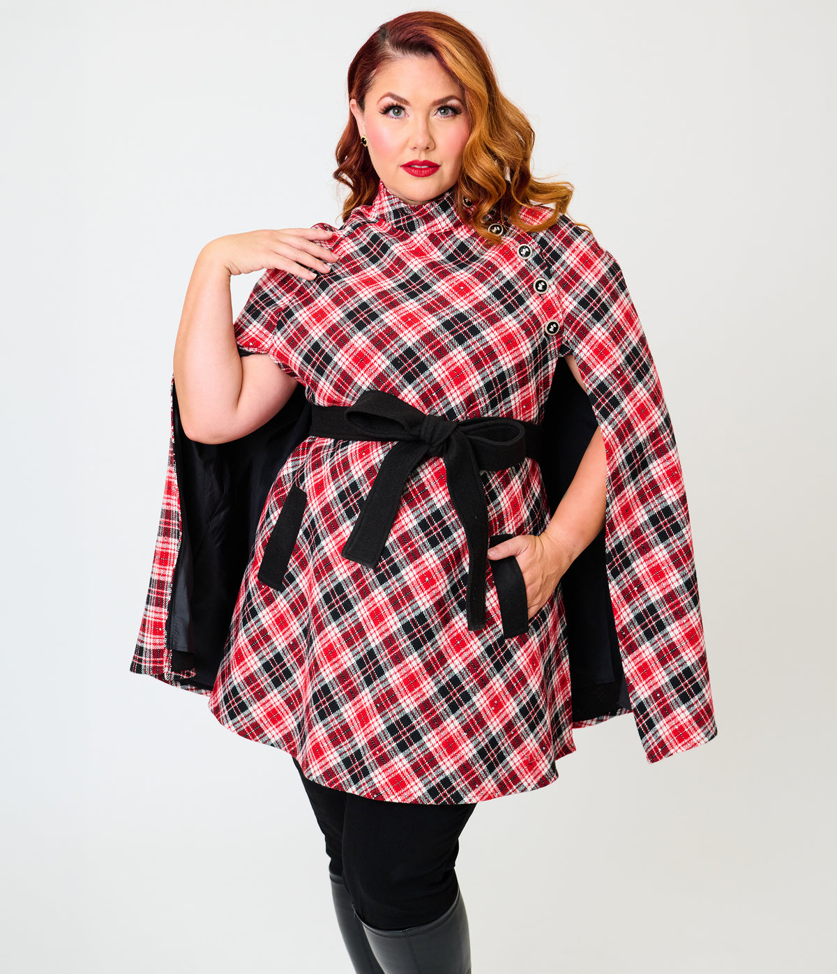 Smak Parlour Plus Size Red & Black Bias Plaid Savile Row Cape Coat