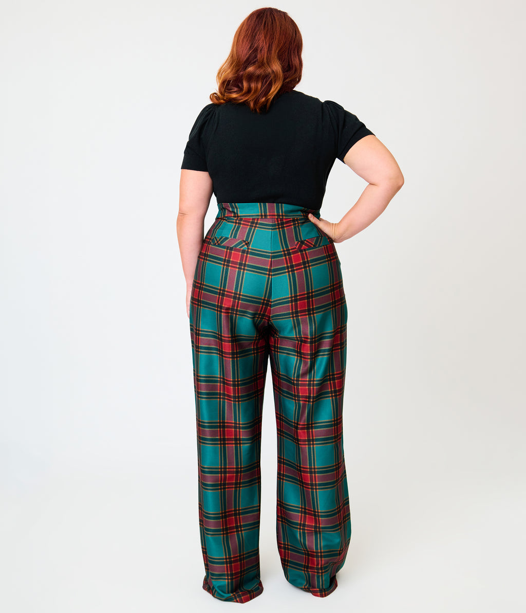 Smak Parlour Plus Size Green & Red Oversize Plaid Wide Leg Trousers
