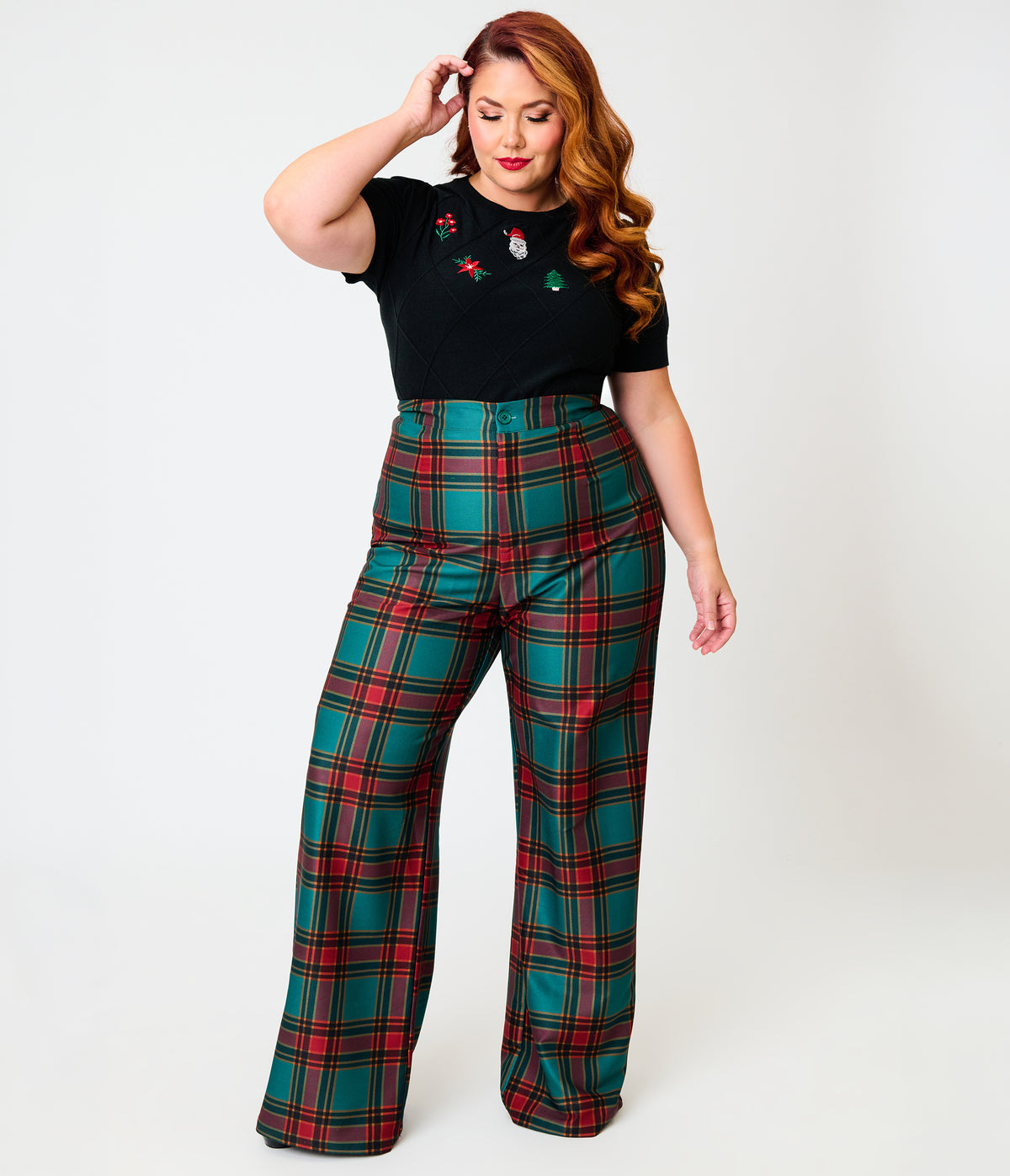 Smak Parlour Plus Size Green & Red Oversize Plaid Wide Leg Trousers