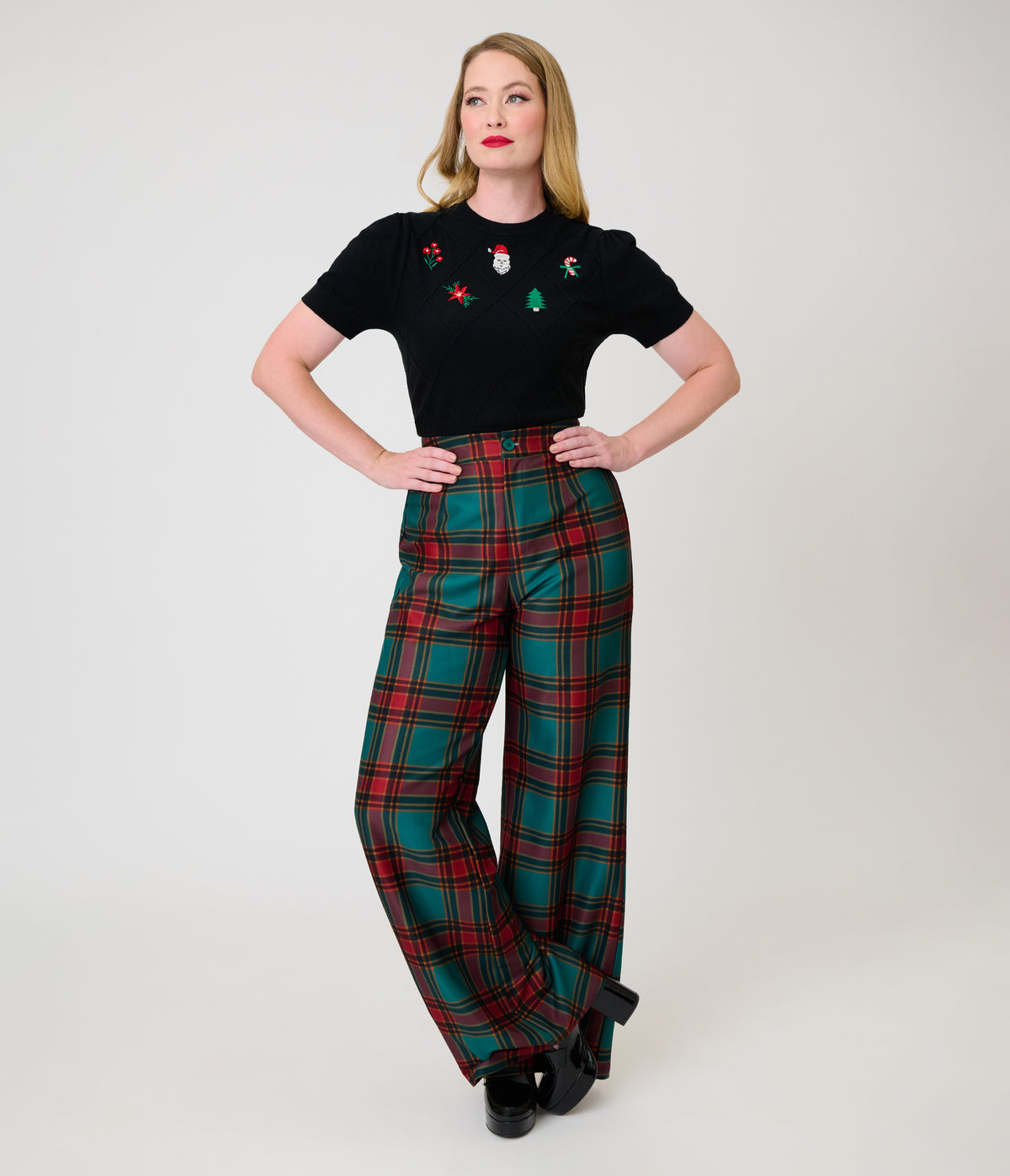 Smak Parlour Green & Red Oversize Plaid Wide Leg Trousers