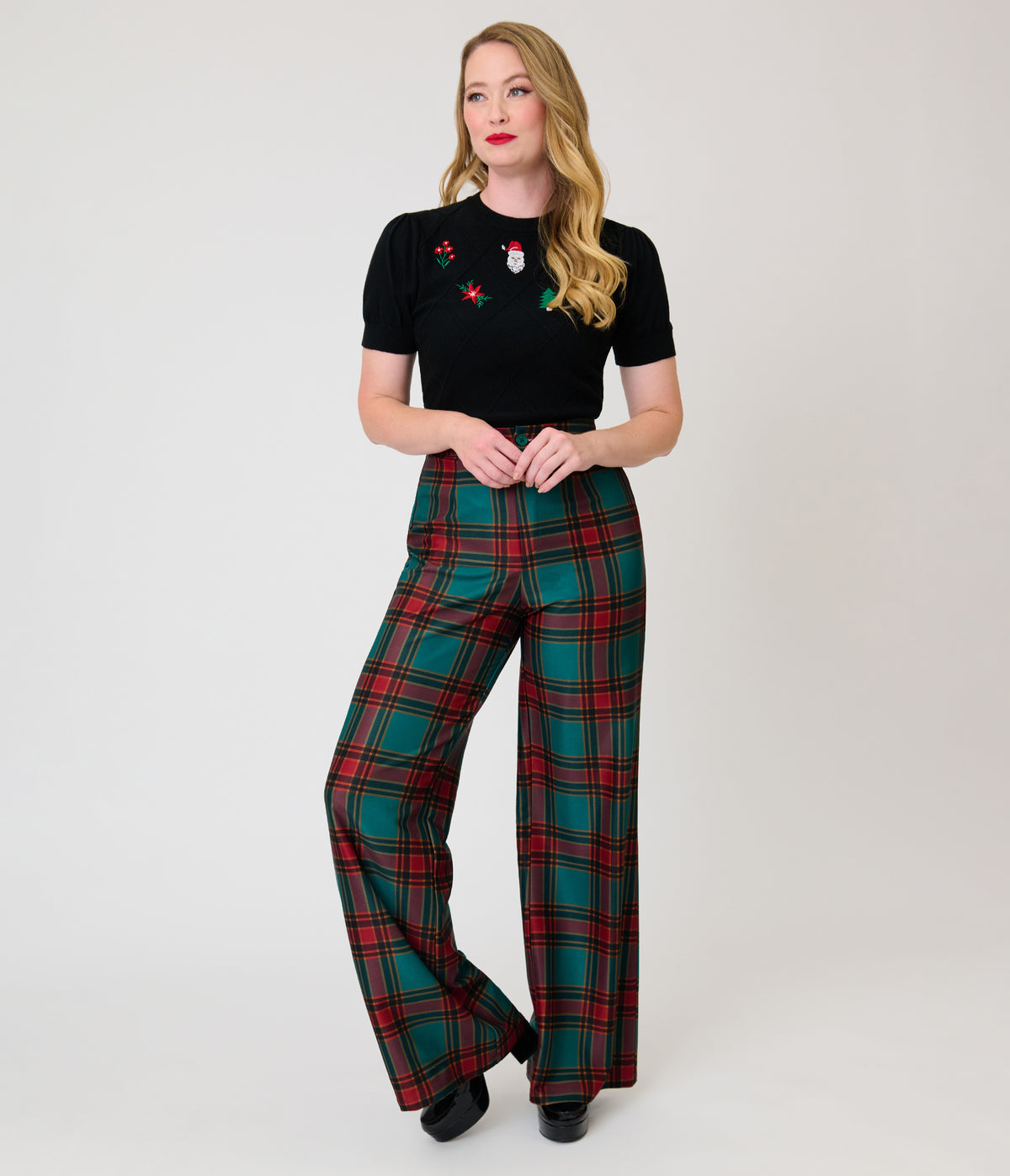 Smak Parlour Green & Red Oversize Plaid Wide Leg Trousers