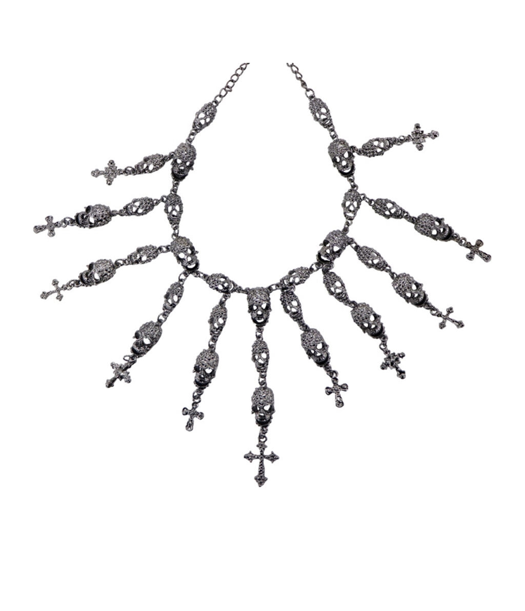 Western Fashion Silver Tone Skull & Cross Necklace