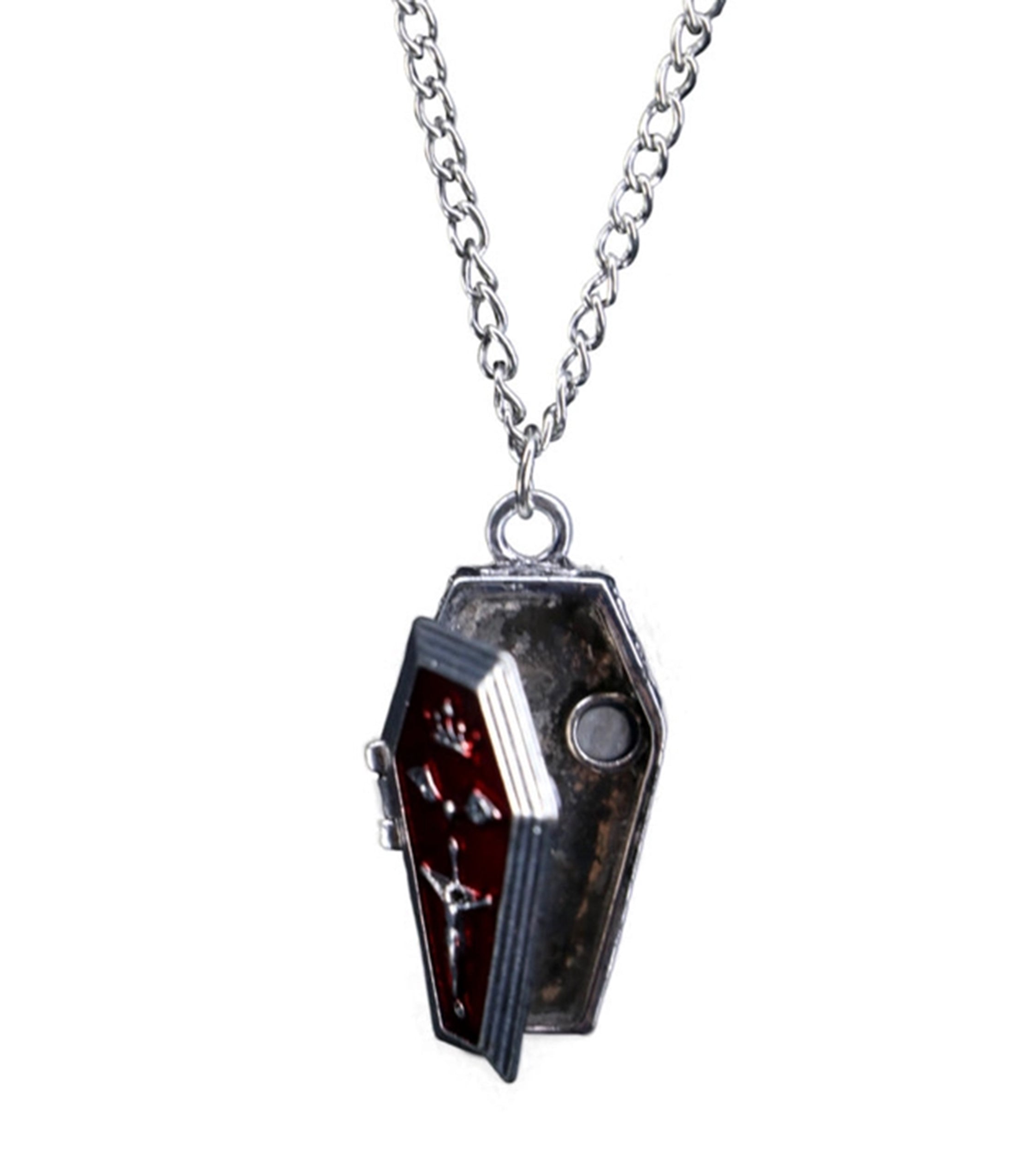 Silver Tone Coffin Locket Necklace