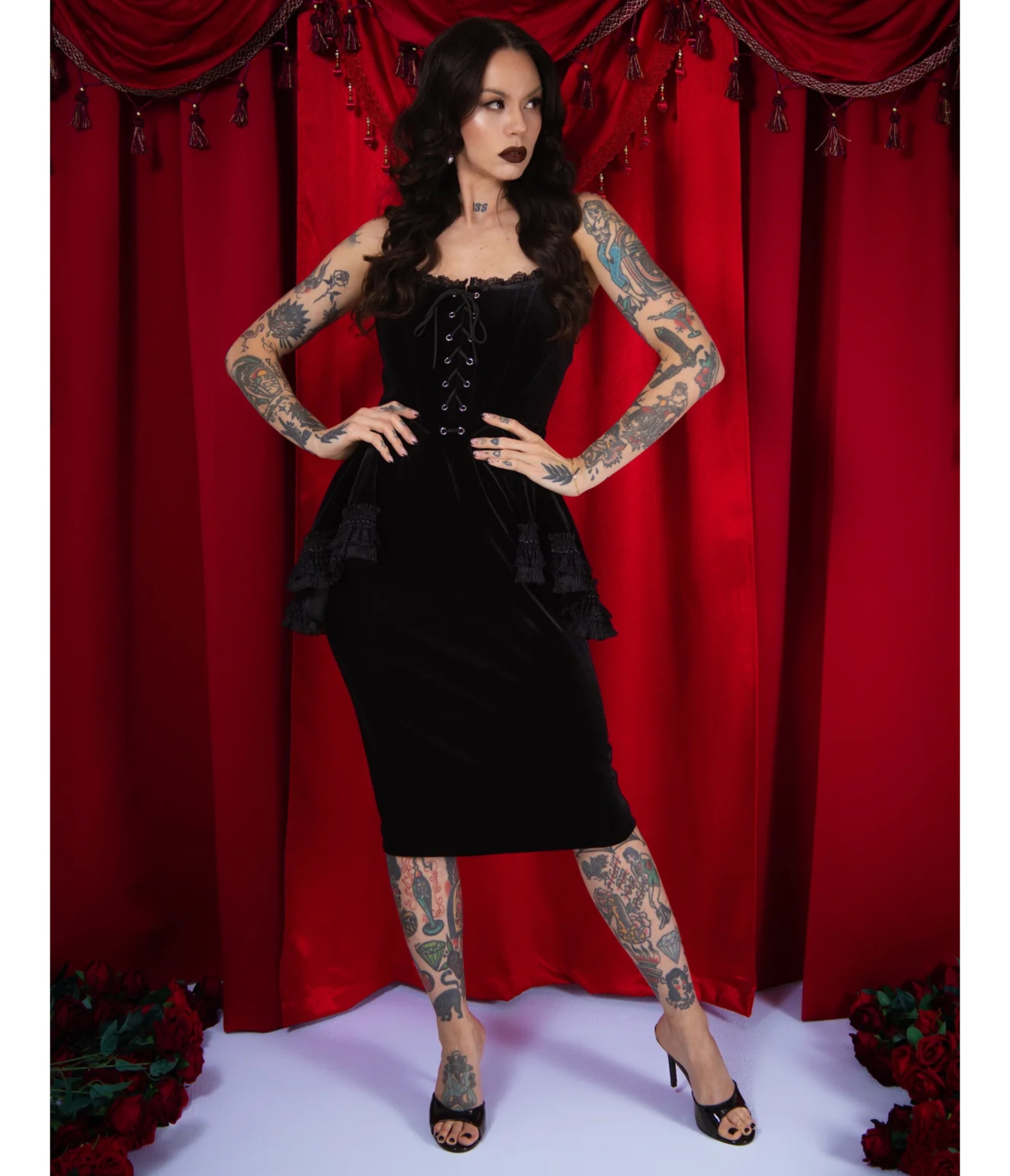 Elle Rebel Black Velvet Versailles Peplum Pencil Dress