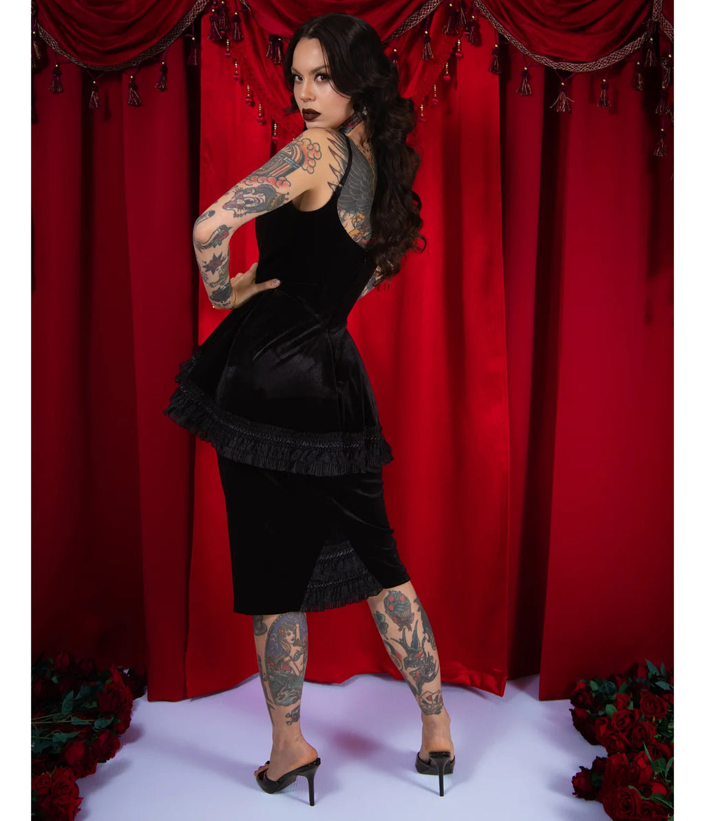 Elle Rebel Black Velvet Versailles Peplum Pencil Dress