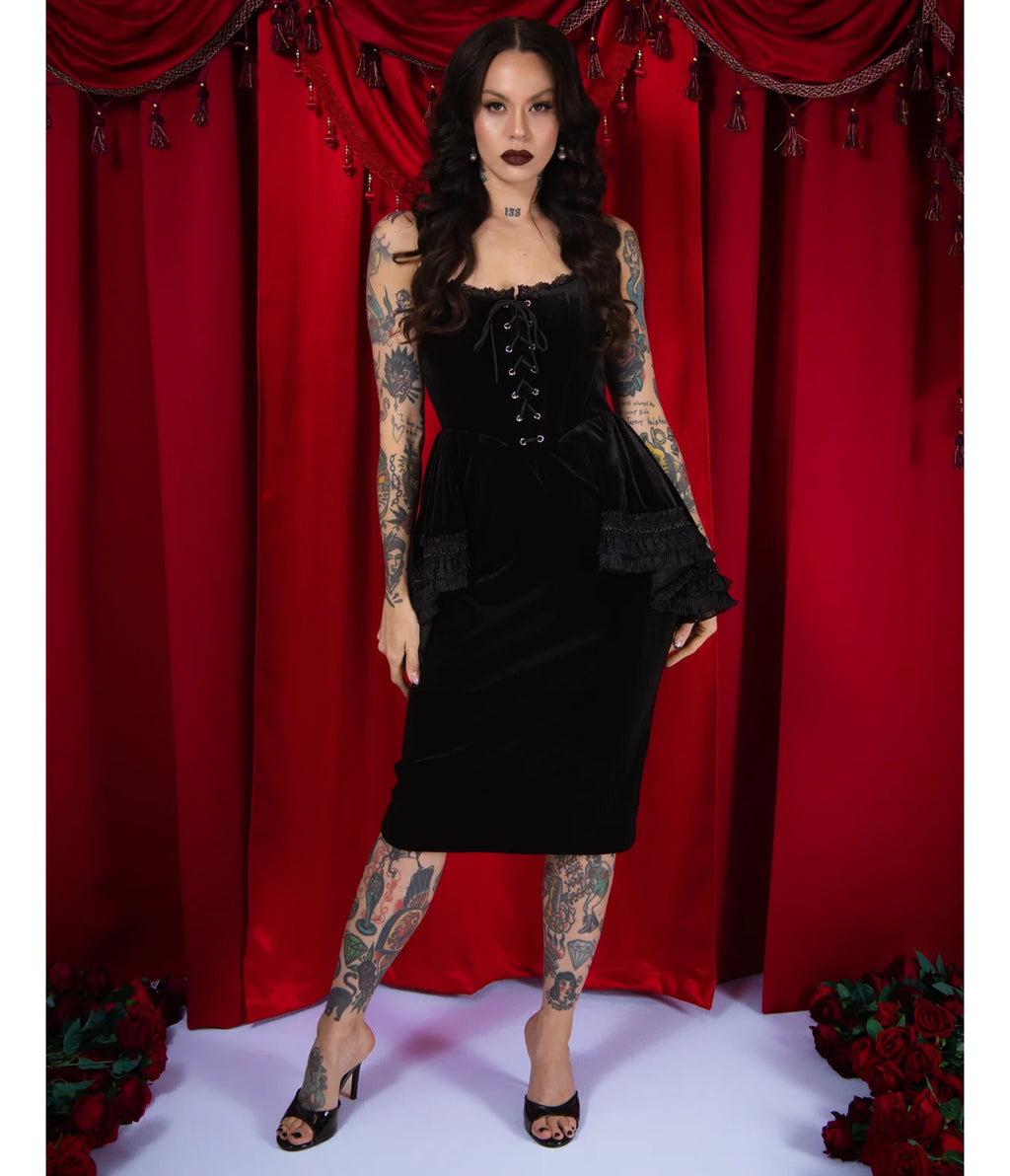 Elle Rebel Black Velvet Versailles Peplum Pencil Dress