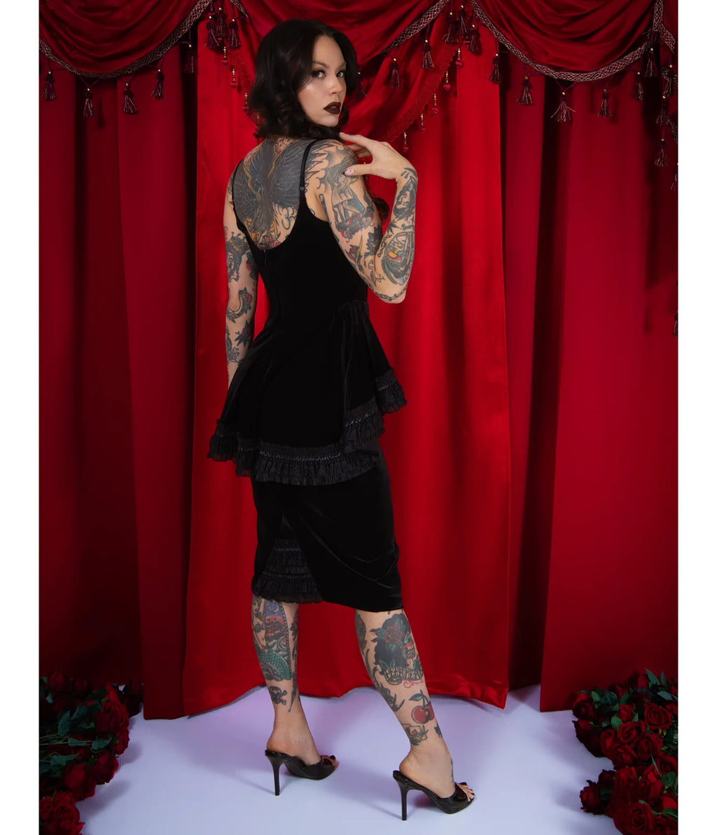Elle Rebel Black Velvet Versailles Peplum Pencil Dress